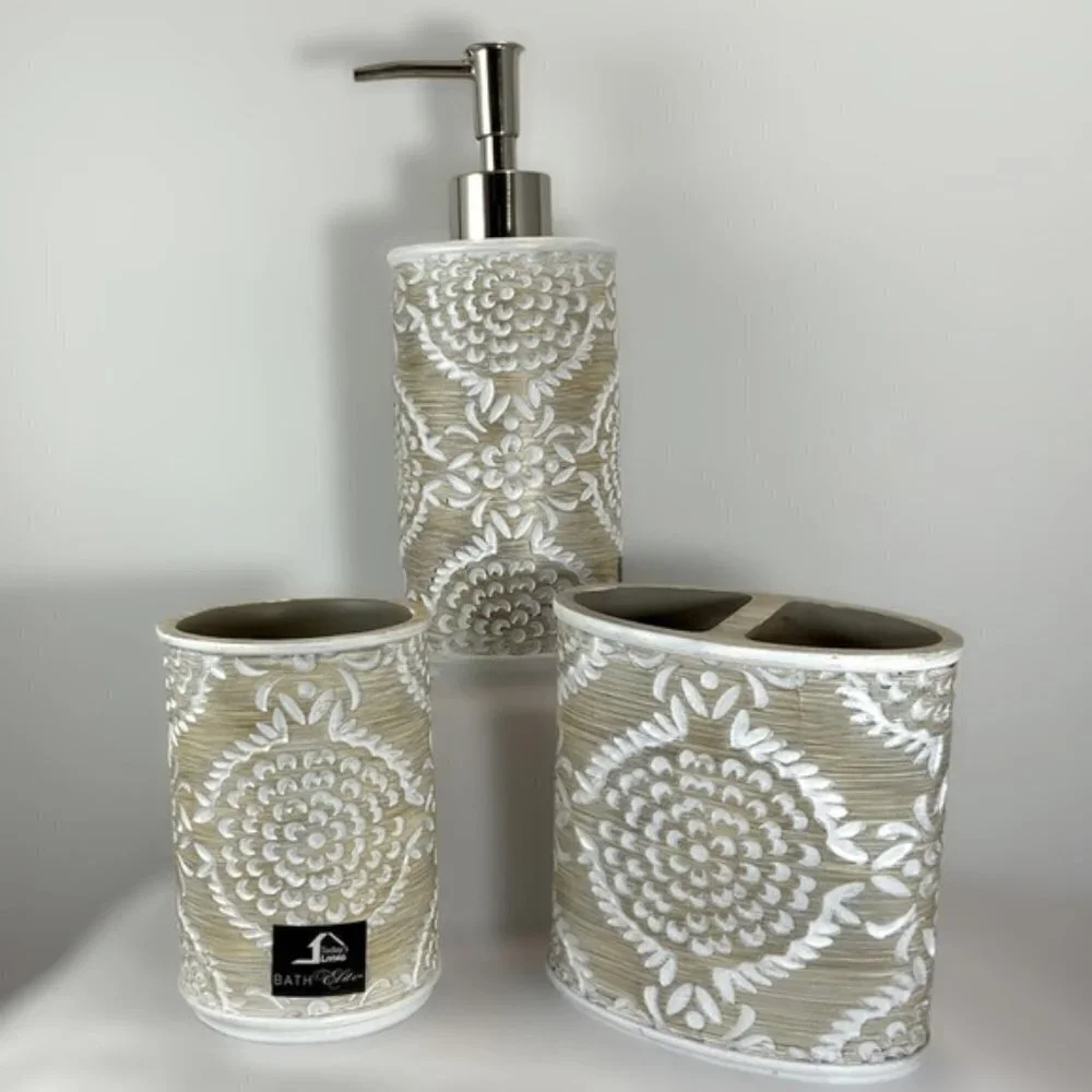 Elite Khaki 3 Piece Bathroom Vanity Accessory Set Tan/Beige White